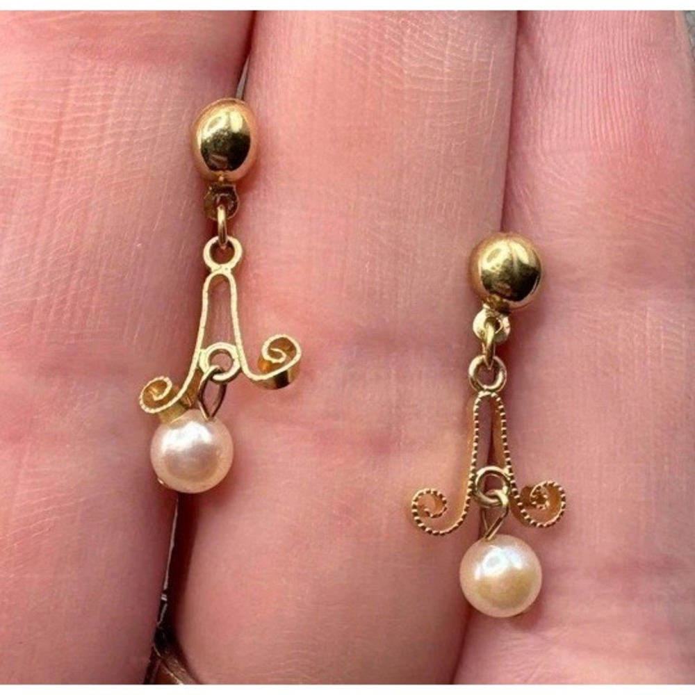 VTG 14K Gold Pearl Drop Dangle Pierced Earrings Ornate Filigree Dainty Feminine